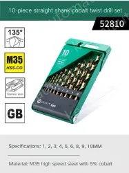 Set of 10 straight shanks containing cobalt twist drills