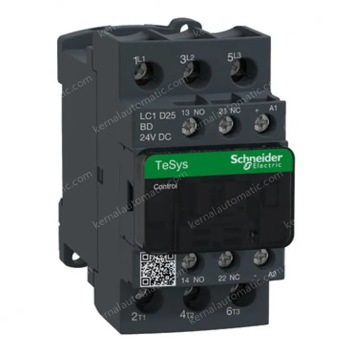 LC1D25BD IEC contactor, TeSys Deca, nonreversing, 25A, 15HP at 480VAC, up to 100kA SCCR, 3 phase, 3 NO, 24VDC coil, open style