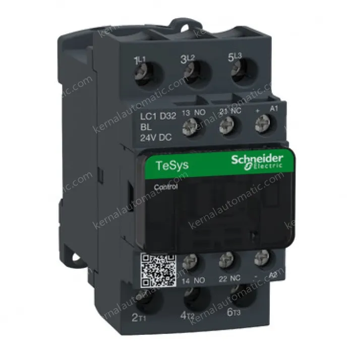 LC1D32BL IEC contactor, TeSys Deca, nonreversing, 32A, 20HP at 480VAC, up to 100kA SCCR, 3 phase, 3 NO, low consumption 24VDC coil